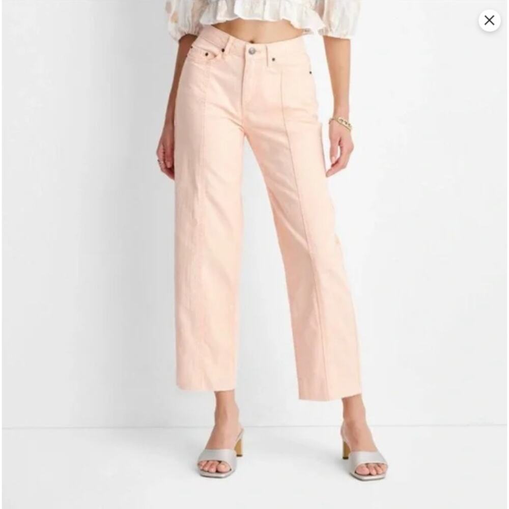 Future Collective Women's High-Rise Straight Leg Denim Raw Hem Pants Peach 4 - Picture 2 of 7